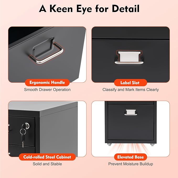 3-Drawer Metal File Cabinet Mobile File Cabinet with Lock Rolling Vertical Filing Drawers Under Desk for Home Office 11 * 16 * 18.3in (Black)