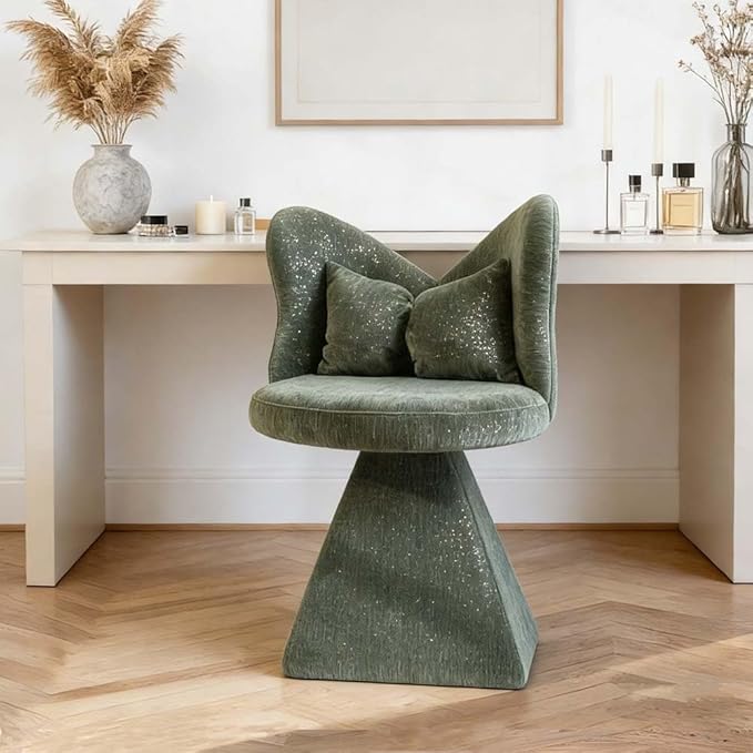 360° Swivel Vanity Chair with Back and PillowChenille Comfy Makeup Chairs for VanityGreen Modern Desk Chair No Wheels for BedroomLiving Room (Green)