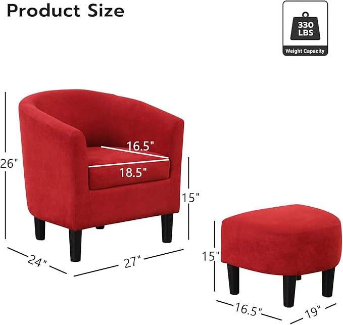INZOY Modern Accent Chair with Ottoman Upholstered Barrel Reading Chair with Foot Rest Comfy Fabric Armchairs for Living Room Bedroom Small Spaces Easy to Assemble (Red)