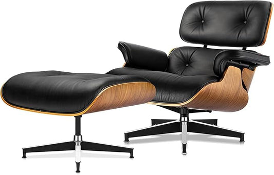 Mid Century Chaise Lounge Chair and Ottoman Reading Chair Leather Accent Chair Modern Chair Classic Design Heavy Duty Base Support for Living Room (Walnut-Black Tall)