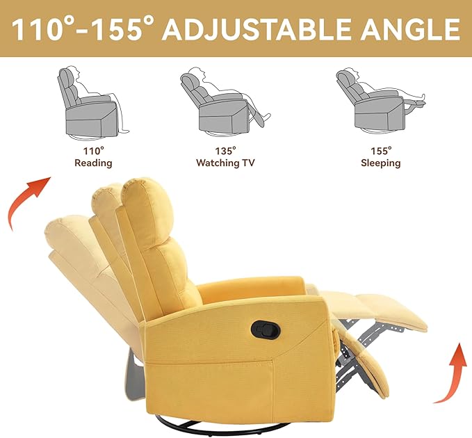 Slim Lazy Boy Recliners for for Adults Swivel Rocking Chair Recliner with High Back Small Recliner Chair for Small Spaces Manual Reclining Chair for Living Room Adjustable Footrest (Yellow)
