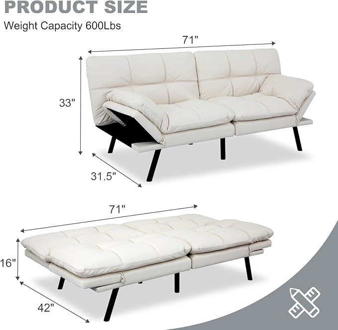 MUUEGM Futon Sofa Bed Convertible CouchMemory Foam Futon Sofa CouchSleeper Futons Sofa CouchesSmall Splitback Modern Loveseat Sofa Bed for Living RoomOfficeApartmentFaux LeatherWhite.