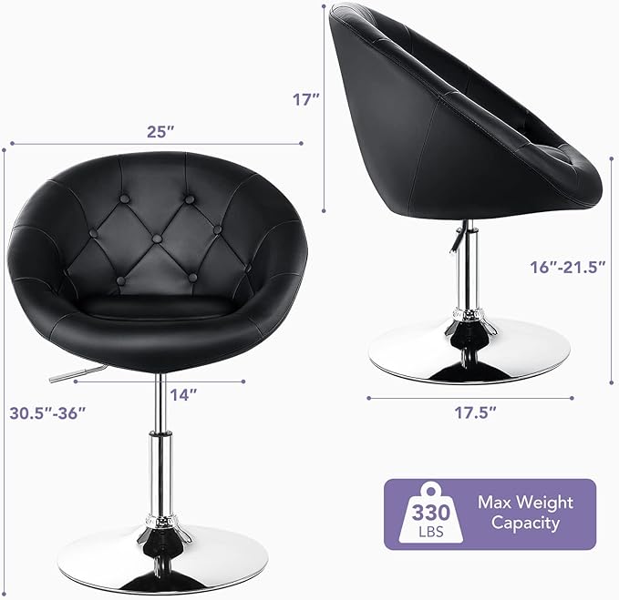 KOTEK Swivel Vanity Chair Height Adjustable Swivel Accent Chair w/Chrome Frame Modern Round Tufted Makeup Chair for Living Room Bedroom Lounge (1 Black)