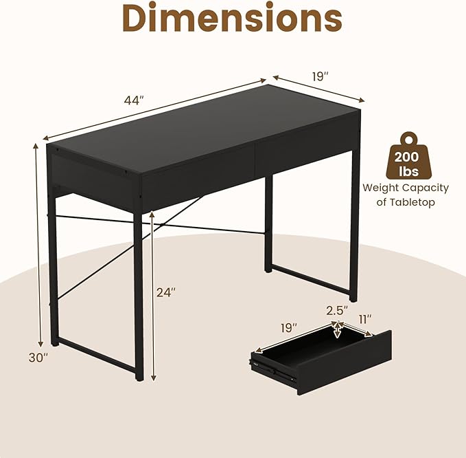 LDAILY Computer Desk with 2 Drawers 44 Inch Home Office Desk with Sturdy Steel Frame &amp X-Bracket Support Spacious Study Writing Workstation Table for Bedroom or Small Spaces (Black)