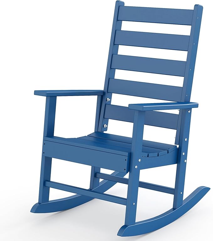 GREENVINES Outdoor-Rocking-Chair | HDPE Plastic | Patio Rockers | Porch Rocker Chairs | Shaker | Oversized | High Ladder Back | Big &amp Tall | PentaLuxe | Blue