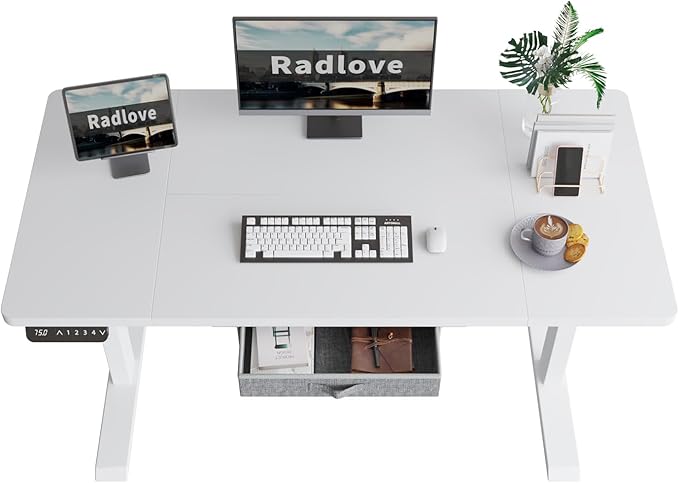 Radlove Dual Motors Height Adjustable 55 x 30'' Electric Standing Desk with Drawer Stand Up Table 4 Memory Keys Computer Desk with Splice Board Home Office Desk White Top + White Frame