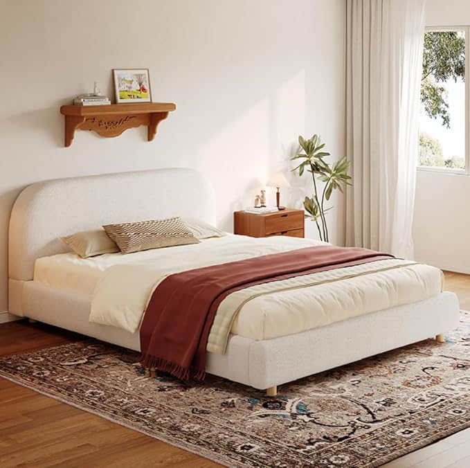 Merax Queen Size Teddy Fleece Thick Fabric Upholstered Platform Bed with Curved Shaped Headboard Wood Bed Frame with Solid Round Legs for Kids Teens Adults White