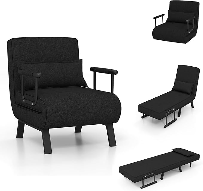 POWERSTONE Convertible Sleeper Chair Bed 4 in 1 Living Room Reading Chair with Pillow Wide Cushion Arm and Adjustable 5 Position Backrest Single Sofa Bed Black