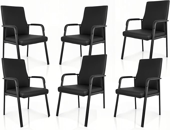Leather Office Guest Chair Guest Conference Room Chair 600 LBS Capacity High Back Reception Chair with Padded Armrests No Wheels Black - 6 Pack