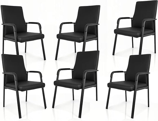 Leather Office Guest Chair Guest Conference Room Chair 600 LBS Capacity High Back Reception Chair with Padded Armrests No Wheels Black - 6 Pack