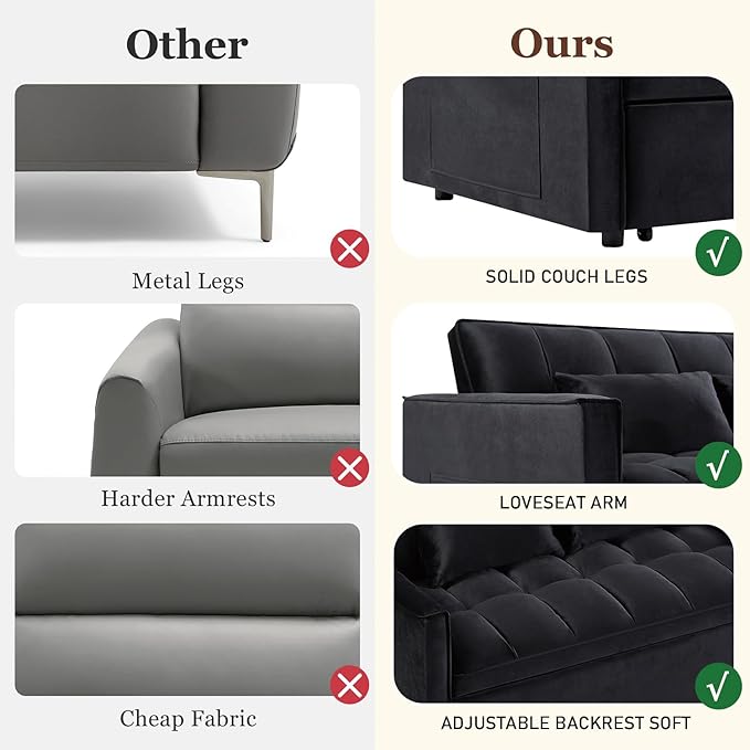 3 in 1 Convertible Sleeper Sofa Futon BedModern Velvet Pull Out Couch Bed with Reclining Backrest&amp2 Pillows54 Full Size Small Love Seat Lounge Couches for Small SpacesLiving Room (Black)