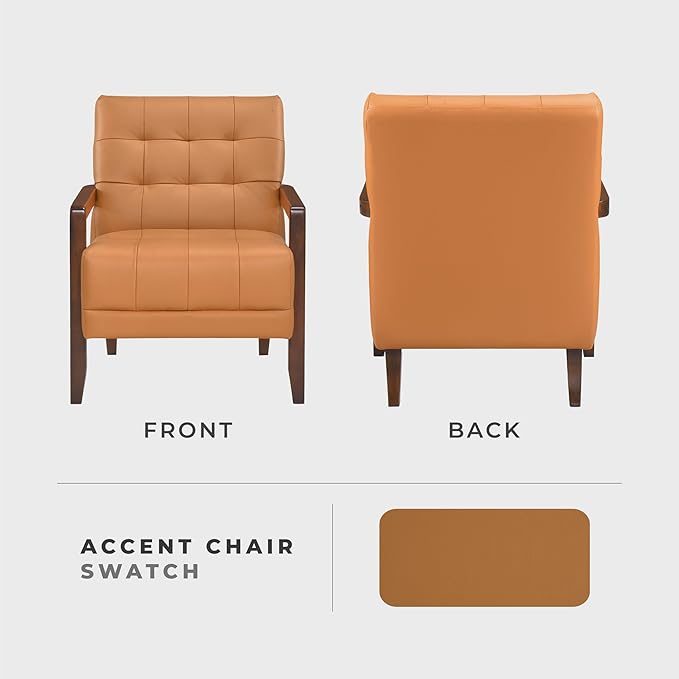 Lexicon Modern Accent Chair Luxury Genuine Leather Match Living Room Chair with Tufted Cushions Solid Wood Frame and Arm Rest Comfy Upholstered Single Seat for Bedroom/Reading/Office Orange