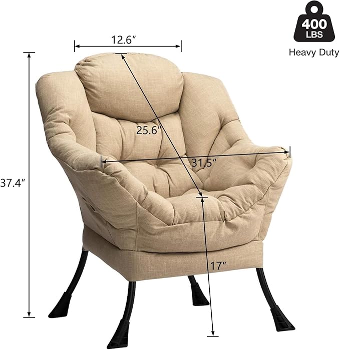 HollyHOME Lazy Chair with Armrest and Side Pocket Comfy Accent Lounge ChairLeisure Sofa Armchair for Living Room Bedroom Dorm or Small Spaces Oversized Reading Sofa ChairCotton-Linen Tan