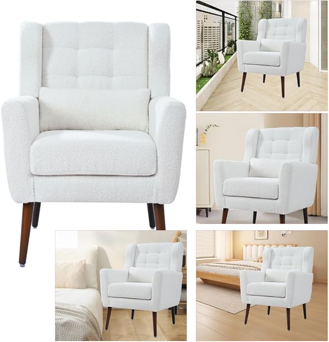 Modern Accent ChairChenille Arm Chairs for Living RoomUpholstered Mordern ArmchairComfy Soft Padded Lounge Chair in Small Space Bedroom w/Pillow Solid Wood Leg (White + Teddy)