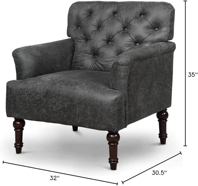 Bowery Hill Leith Faux Leather Tufted Accent Chair Gray Finish Wood Frame 32W x 30.5D x 35H Button Tufted Back Piping Line Details Transitional Style Chair for Living Room or Master Bedroom