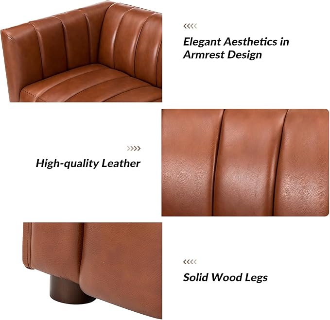HULALA HOME 83 Genuine Leather Sofa with Channel Tufted Design 3-Seater Sofa for Living Room Bedroom Modern Oversized Couch with Wood Legs Brown