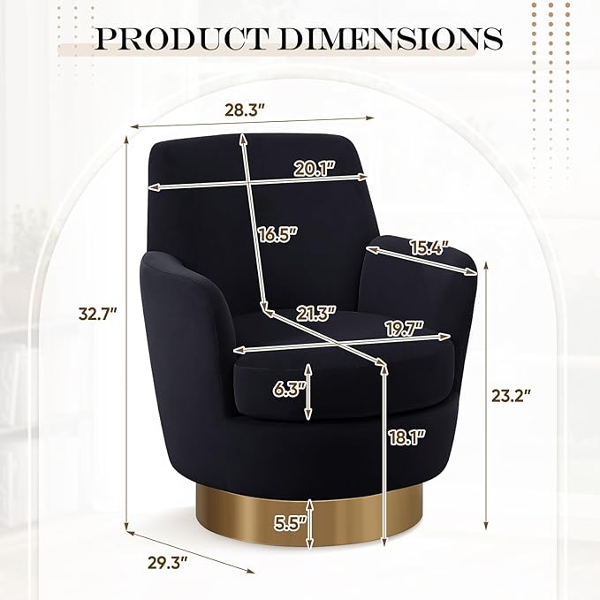 360° Swivel Barrel Chair Set of 2 28.3 Modern Velvet Round Accent Chair Comfy Upholstered Small Armchair with Gold Metal Base for Living Room Bedroom Nursery Office Sillas para Sala Black