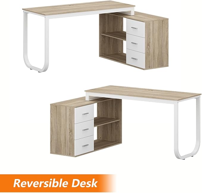 WOODTIME Walnut and White L Shaped Office Desk with 3 Drawers &amp 2 Shelves 55 Inch Reversible Corner Computer Desk Home Office Executive Writing Sturdy Desk with Metal Legs