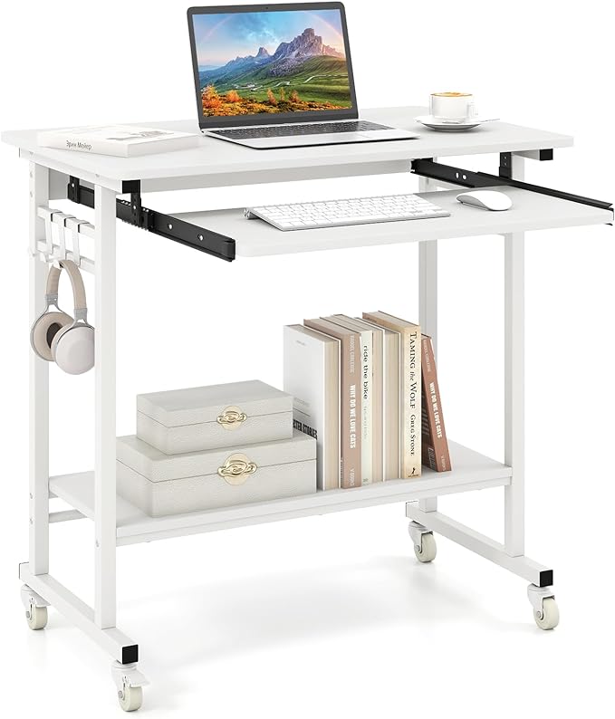Giantex Rolling Computer Desk Mobile Portable Desk with Keyboard Tray &amp Wheels Laptop PC Table Cart with Shelf &amp Hooks Industrial Small Desk for Small Spaces Home Office Bedroom White