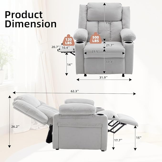 Power Recliner Chair Upholstered Recliner Heating Vibration Massage with Side Pockets Side Table &amp 2 Cup Holders for Living Room &amp Home Theater (Grey)