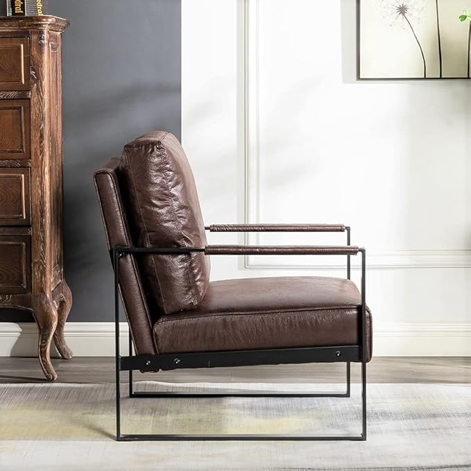 Classic Mid Century Modern Accent Chair with Square Metal e Armchair for Living Room Bedroom Home Office in Spotted Microfiber Upholstery Dark Brown