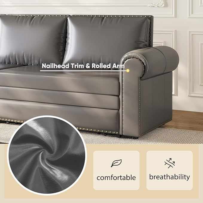 JOYBASE Pull Out Sofa Bed King-Size Convertible Sleeper Sofa Modern 3-Seater Faux Leather Couch with Nailhead for Living Room Office Apartment (Grey)