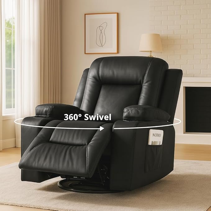 COMHOMA Recliner ChairPU Rocking Chair for AdultsSwivel Recliner with Cup HoldersSingle Sofa Seat with Side Pockets for Living RoomBedroom(Black)