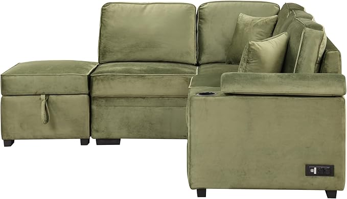 Merax Sofa Bed Sleeper Couch L Shaped Sofa with Storage Ottoman and Cup Holder L-Shape Sectional Couch with Comfortable Backrest and Charging Function for Living Room and Small Apartment (Green)