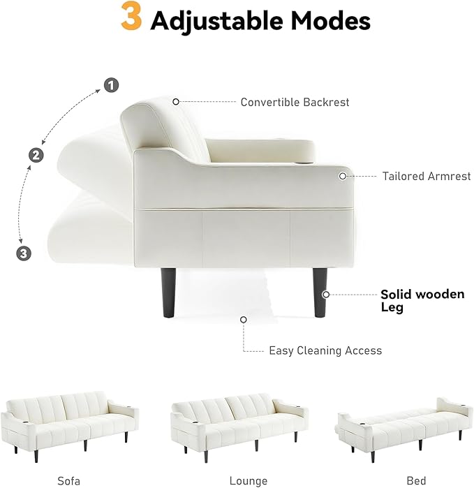 Brelice 80'' Leather Couch Futon Sofa Bed Faux Leather Couch with Adjustable Backrest 2 Cup Holders &amp Side Pockets Mid Century Modern Sofa for Living Room Bedroom Cream White