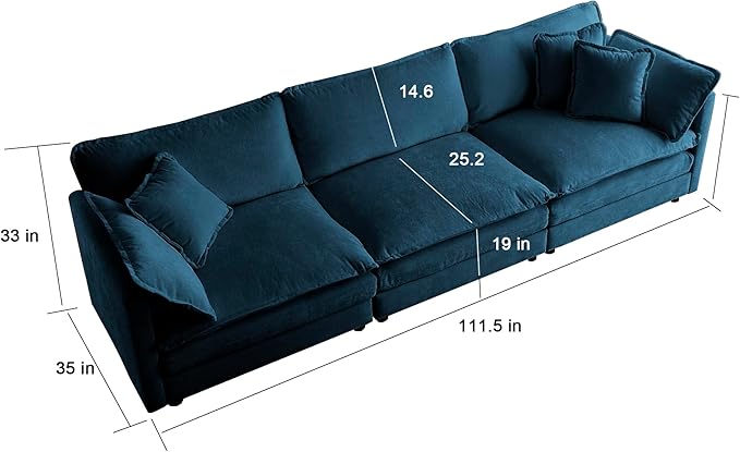111.5 Sectional Sofa Couch for Living Room Modern Convertible Sofa Couch with Pillows Mid-Century Modern Sleeper Sofa 4-Seater Sofa for Living Room Apartment OfficeBlue