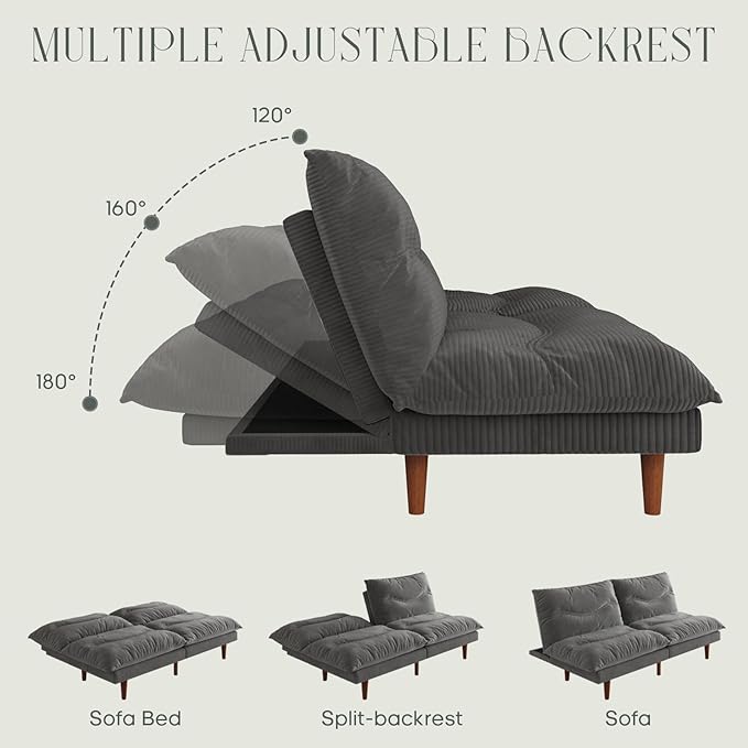 LLappuil Futon Sofa Bed 69 inch Futon Couch with Adjustable Backrest Corduroy Convertible Sleeper Sofa Bed Folding Sleeper Recliner Loveseat for Apartment Living Room Office (Grey)