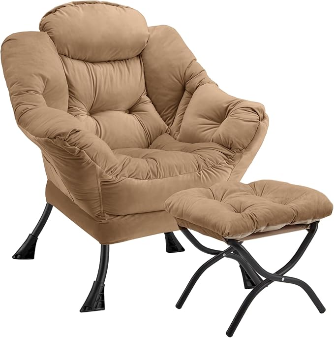 Lazy Chair with Folding Ottoman Modern Large Accent ChairContemporary Lounge Leisure Sofa Chair with Armrests Upholstered Sofa Armchair Reading Chair for BedroomDorm &amp Office(Khaki-f)
