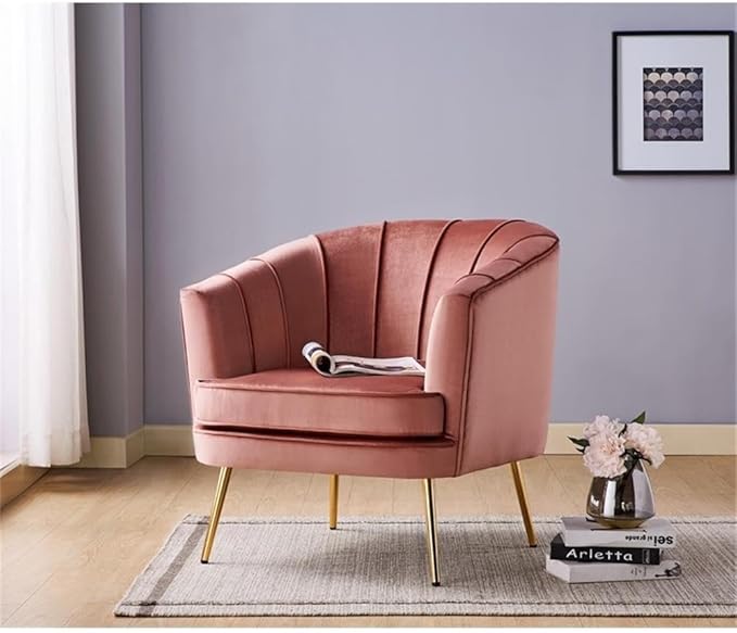 BOWERY HILL Mid-Century Velvet Accent Chair Vintage Pink Rose Upholstery Gold Legs 34.75 W x 32 D x 34.5 H Solid Wood Frame Semi-Firm Seat Cushion Stylish Living Room or Bedroom Seating