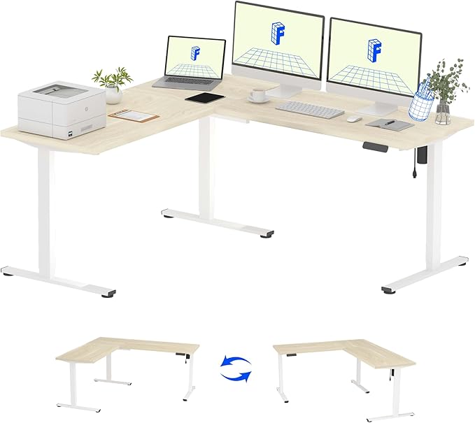 FLEXISPOT L Shaped Standing Desk 71 x 63 Inch Electric Height Adjustable Corner Desk Sit Stand Computer Workstation Preset Controller Home Office White Frame with Maple Top