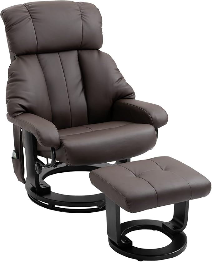 Massage Recliner Chair with Ottoman 10 Vibration Points and 360° Swivel Comfortable Faux Leather Living Room Chair with Side Pocket Brown.