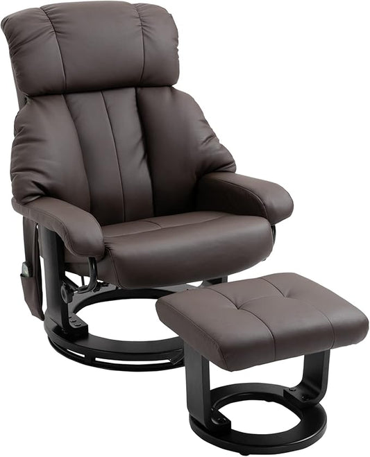 Massage Recliner Chair with Ottoman 10 Vibration Points and 360° Swivel Comfortable Faux Leather Living Room Chair with Side Pocket Brown.