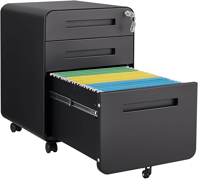 Office Pedestal File Cabinet: Lockable Compact Storage Solution for Home Office - Under Desk Cabinet with Removable Pencil Tray Hanging Bar and 5 Utility Wheels (Black)