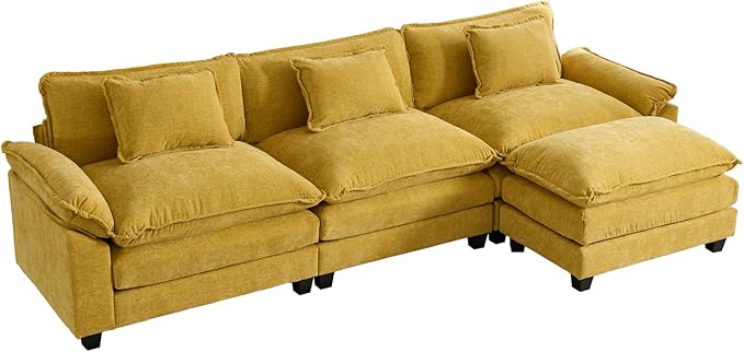 Modular Sectional Sofa 119 L Shaped Couch Set with Movable Ottoman Chenille Comfy Cloud Couch Sectional Set Extra Deep Seat Sofa with 3 Pillows for Living Room (Yellow 3-Seat &amp 1-Ottoman)