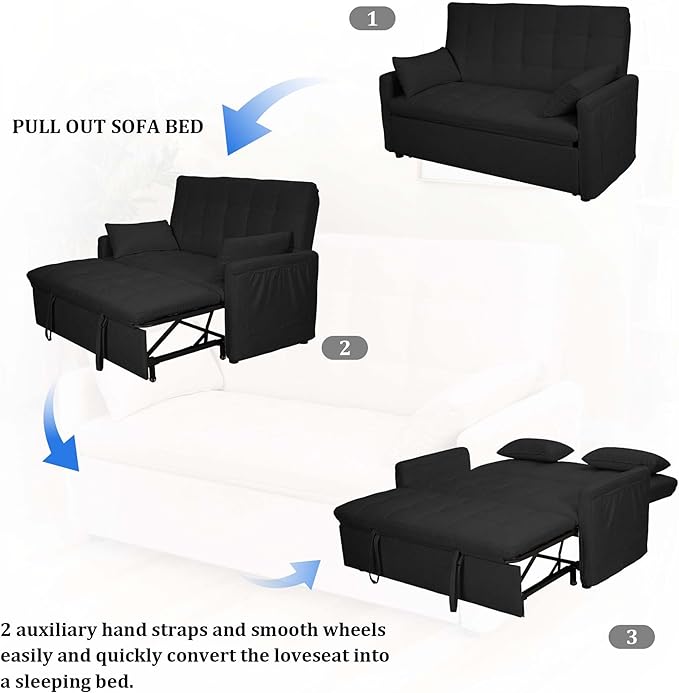 66 Black Sofa Sleeper Loveseat Sofa Bed Queen Size Pull Out Couch with 2 Pillows Pocket &amp Adjustable Backrest Small Couch Bed for Small Spaces Bedroom Apartment Living Room (Black 67) | C