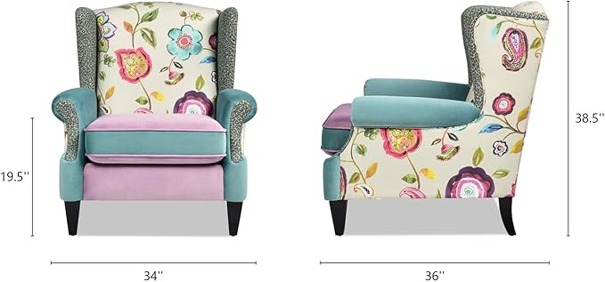 Jennifer Taylor Home Anya Eclectic Floral Patchwork Boho Chic Wingback Large Living Room Lounge Accent Arm Chair