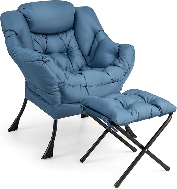 Giantex Lazy Chair with Ottoman Accent Sofa Chair with Folding Footrest Side Storage Pocket Upholstered Leisure Lounge Armchair with Stool for Bedroom Living Room Office Blue