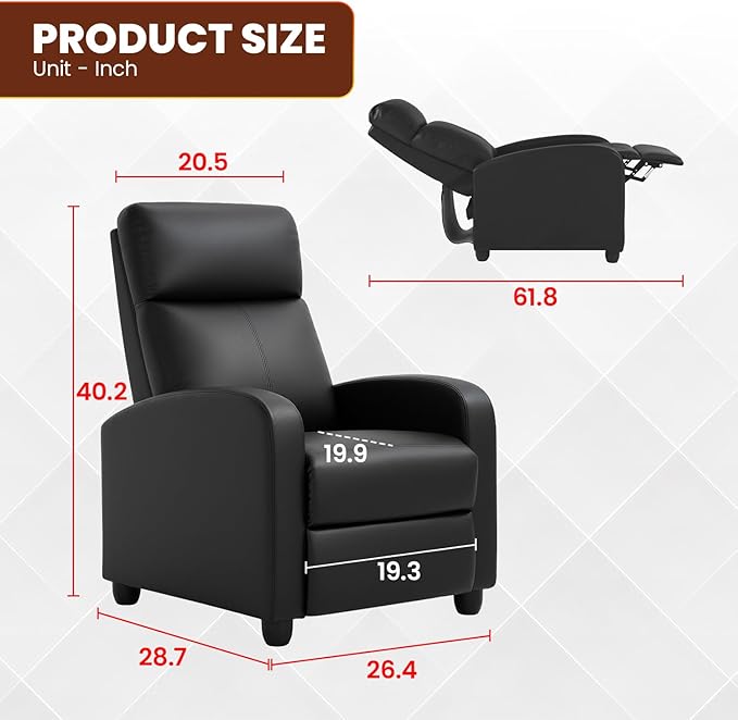 BestMassage Recliner Chair with Adjustable Backrest &amp Footrest PU Leather Armchair with Lumbar Support for Living Room Home Theater Bedroom (Dark Black)