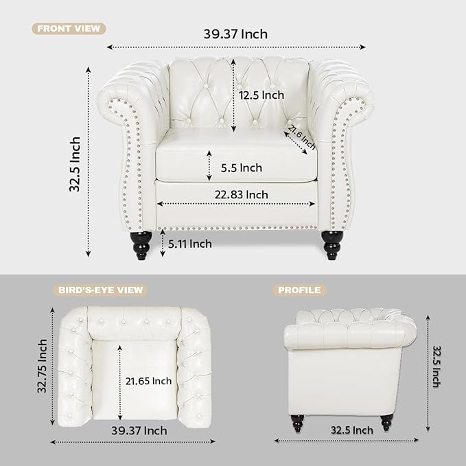 Chesterfield Faux Leather Chair | White Tufted Arm Deep Seat Accent Chair Living Room/Bedroom