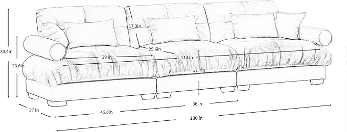 KEIKI 130 Oversized Velvet Modular Sectional Sofa with High-Density Foam Cushion and Bolstered Armrests Upholstered Modern Style 3-Seater Cloud Couch with 5 Pillow for Apartment Living Room Cream