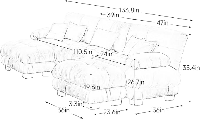 KEIKI 133 Sectional Sofa with Removable Ottomans Gray 5 Seat U Shaped Sleeper Cloud Couch Set Comfy Chenille Upholstered Modular SofaBed for Apartment Living Room Throw Pillows Dark Grey