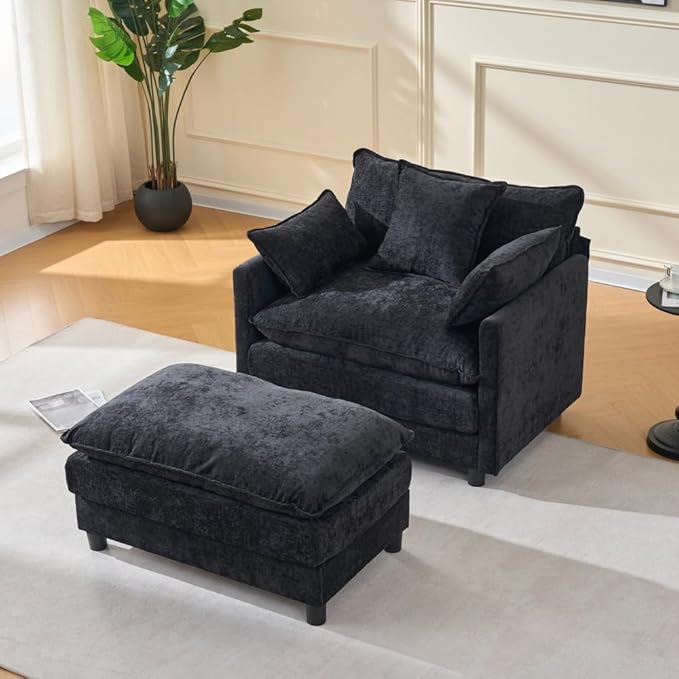 39.4 Modern Accent Chair with Ottoman Living Room Club Chair Chenille Upholstered Armchair Reading Chair for Bedroom (Black + Fabric + Plastic + Steel + Wood + 1 Seat + Foam)