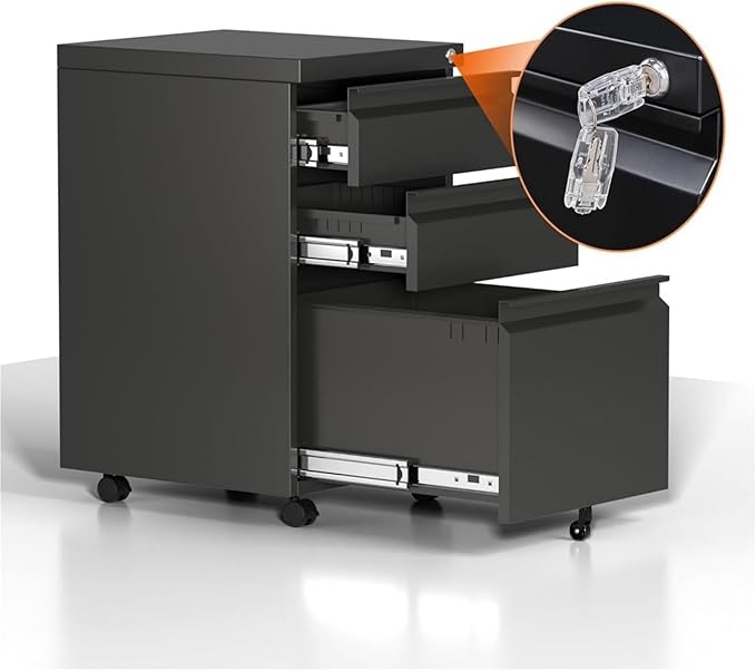 Mobile File Cabinets File Cabinet for Home Office 3 Drawers Cabinets with Lock Rolling Under Desk Filing Drawer On Wheels(Black)