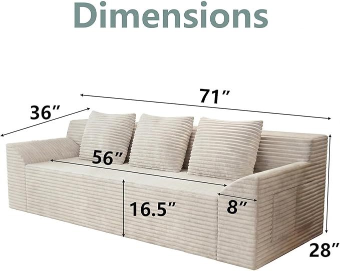 71 Cloud Loveseat SofaBoneless Deep Seat 2-Seater with 3 Pillows&ampSide PocketNo Assembly Foam Floor CouchPlush Corduroy FabricModern Living Room Sofa for Small Space (Tilted Armrest White)