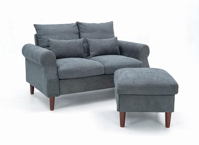 Panana Sectional Sofa Couch Loveseat Modern Linen Love Seater Home Furniture with Reversible Footstool for Small Space Living Room (Grey Scroll Arm - Loveseat with Ottoman)