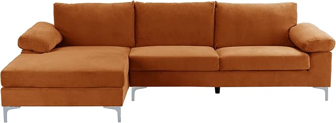 Casa Andrea Milano Modern Large Velvet L-Shape Sectional Sofa with Extra Wide Chaise Lounge Couch